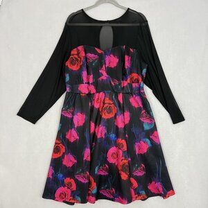 Torrid Dress Women's 2X Mini Scuba Illusion Neck Pockets Rose Print‎ Corset Back